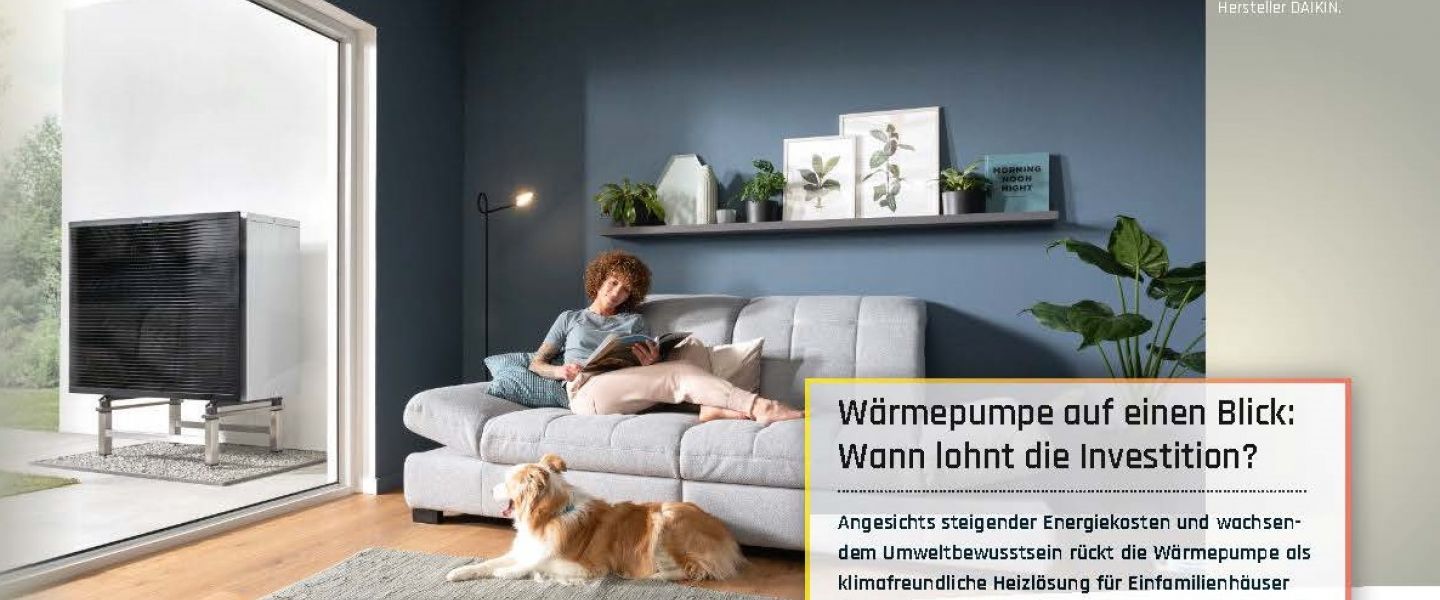 Frau sitzt auf einer Couch und liest eine Zeitung, davor liegt ihr Hund.