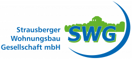 Logo der SWG, mit grünem Icon der Stadt Strausberg im Hintergrund und mit blauem SWG Schriftzug im Vordergrund
